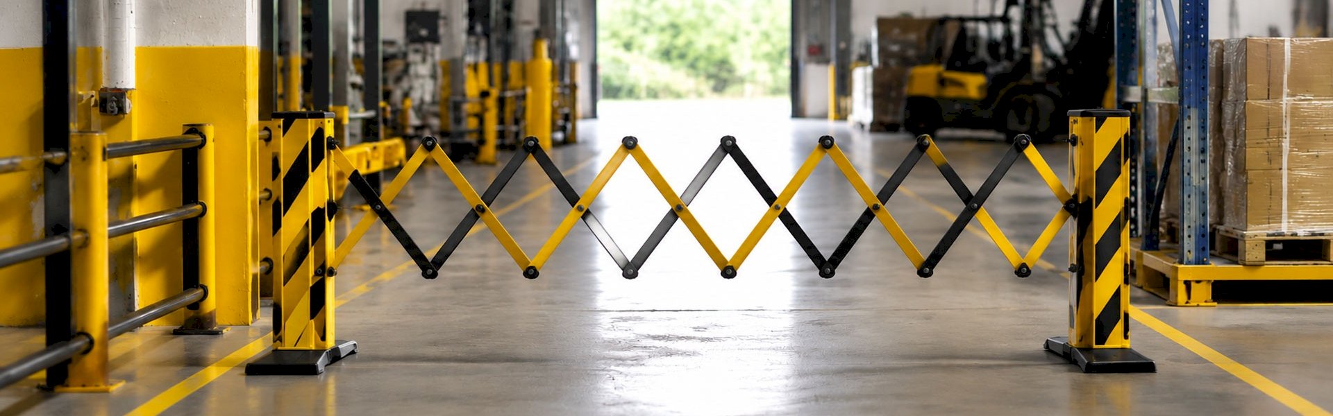 Yellow and black expandable safety barrier in a warehouse.