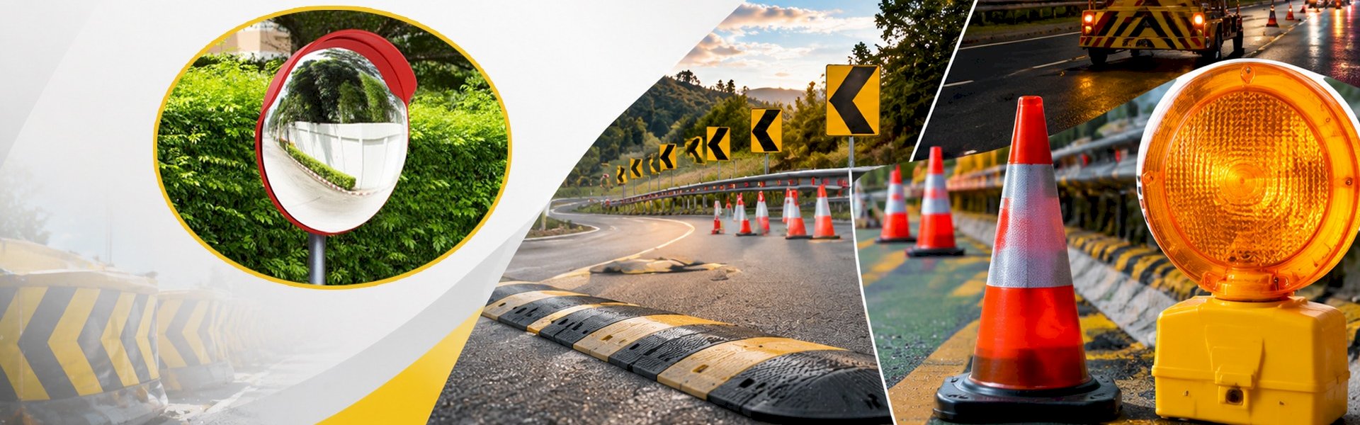 Modern road safety products including bollards, barriers, and speed bumps